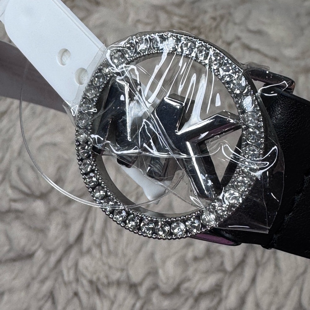Michael Kors Black Belt with Silver and crystal Logo Buckle X1